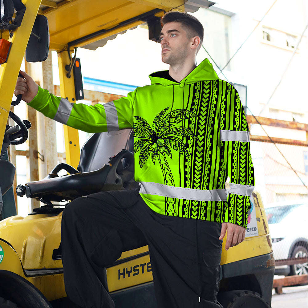 Hi Vis Hoodie Shirt Reflective Tapes Lime Neon Polynesian And Tree Custom Name Safety Workwear For Workers, Truckers, Operators