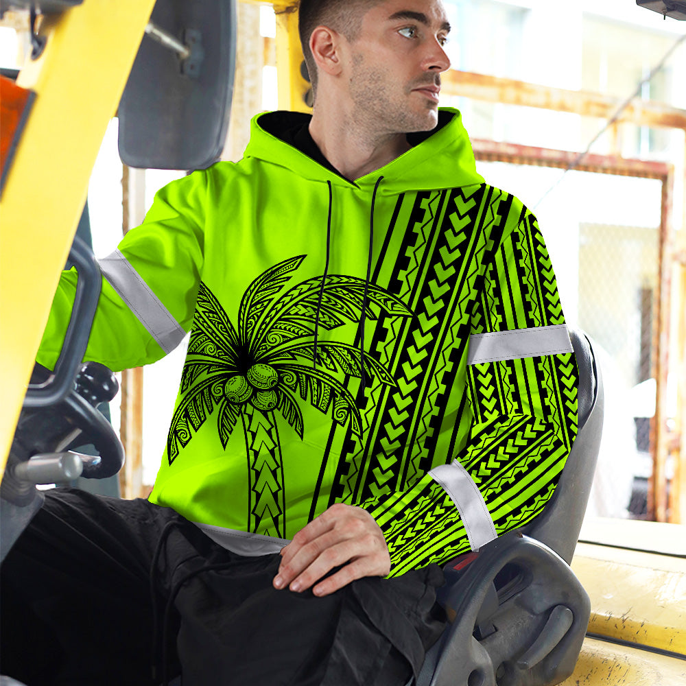 Hi Vis Hoodie Shirt Reflective Tapes Lime Neon Polynesian And Tree Custom Name Safety Workwear For Workers, Truckers, Operators