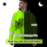 Hi Vis Hoodie Shirt Reflective Tapes Lime Neon Polynesian And Tree Custom Name Safety Workwear For Workers, Truckers, Operators