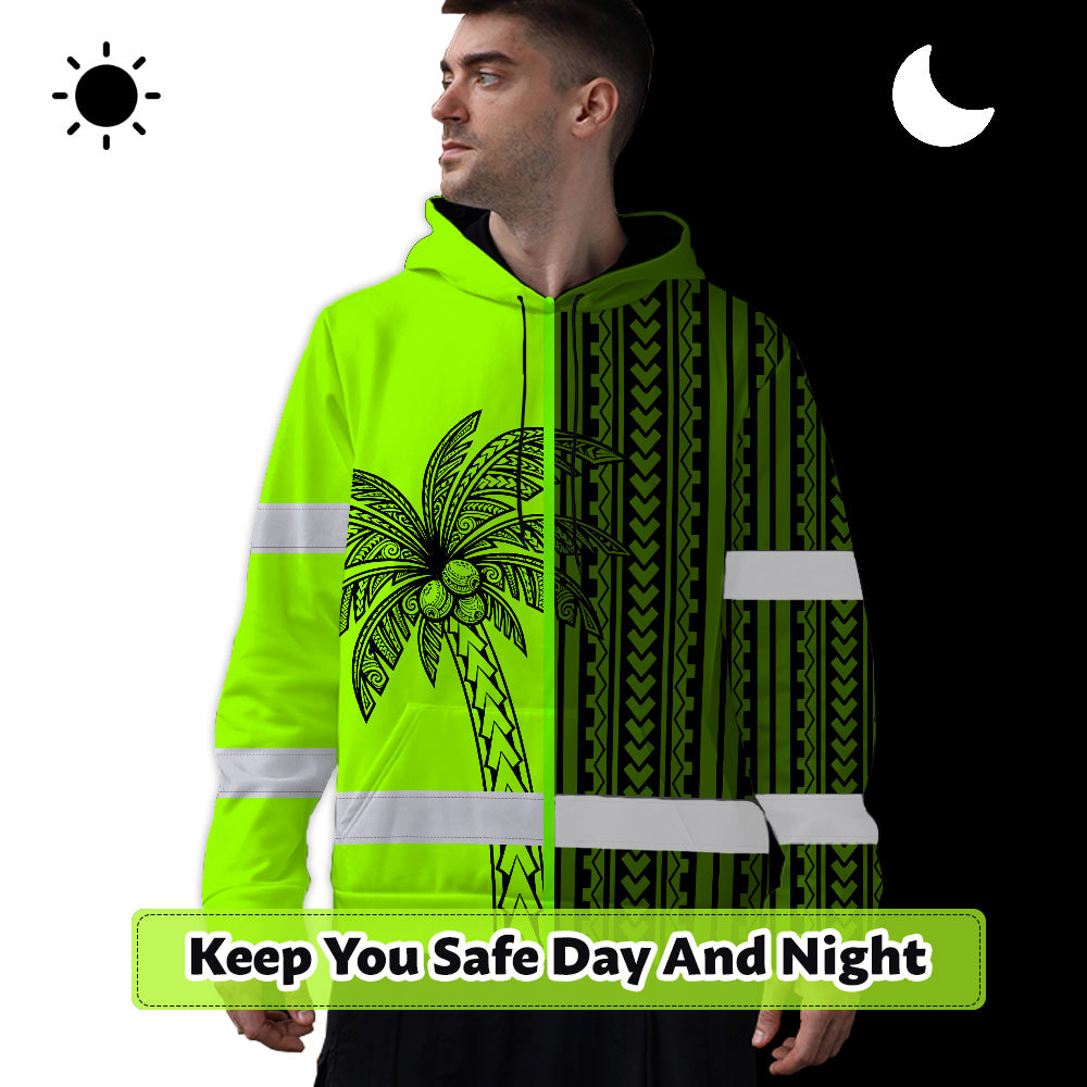 Hi Vis Hoodie Shirt Reflective Tapes Lime Neon Polynesian And Tree Custom Name Safety Workwear For Workers, Truckers, Operators