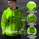 Hi Vis Hoodie Shirt Reflective Tapes Lime Neon Polynesian And Tree Custom Name Safety Workwear For Workers, Truckers, Operators
