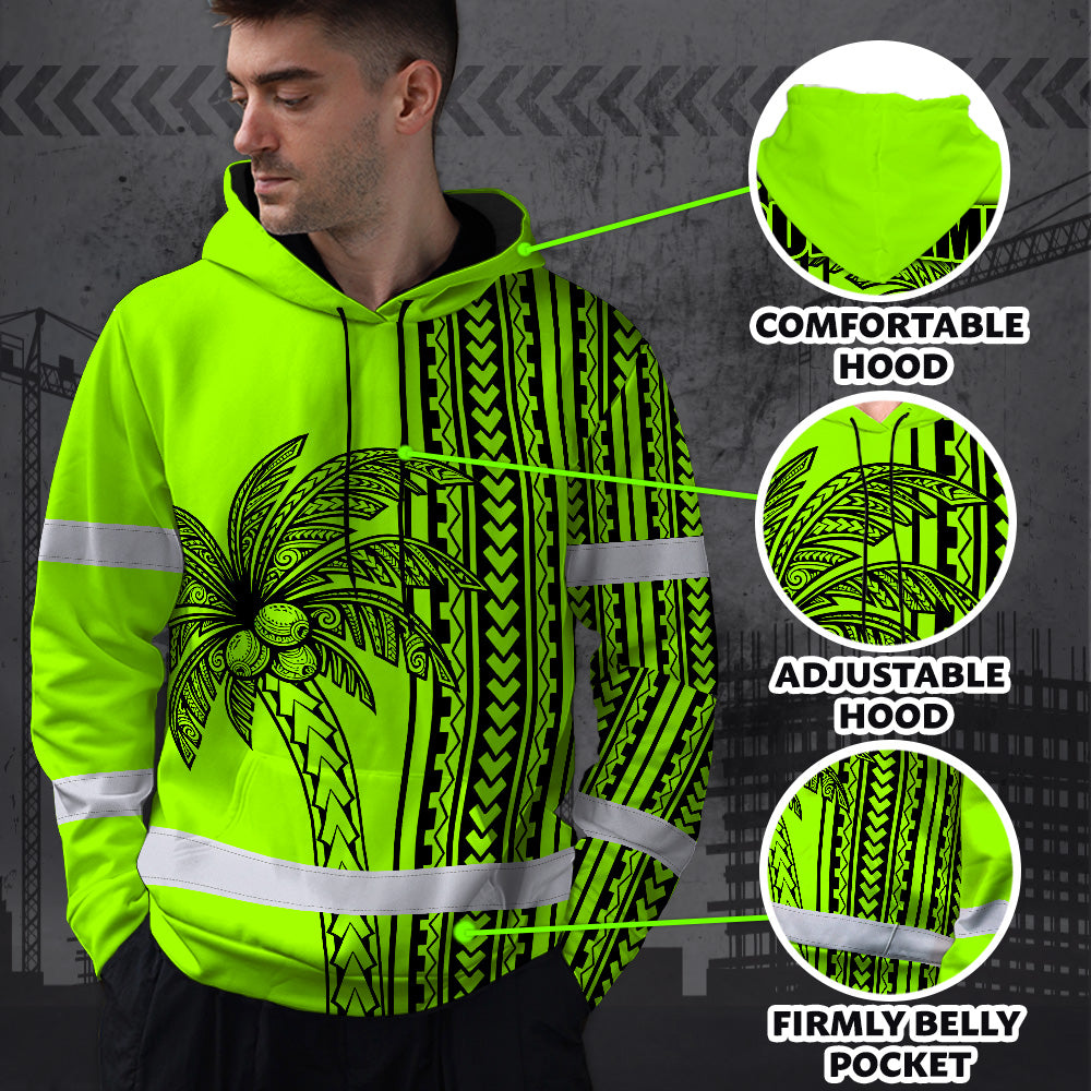 Hi Vis Hoodie Shirt Reflective Tapes Lime Neon Polynesian And Tree Custom Name Safety Workwear For Workers, Truckers, Operators