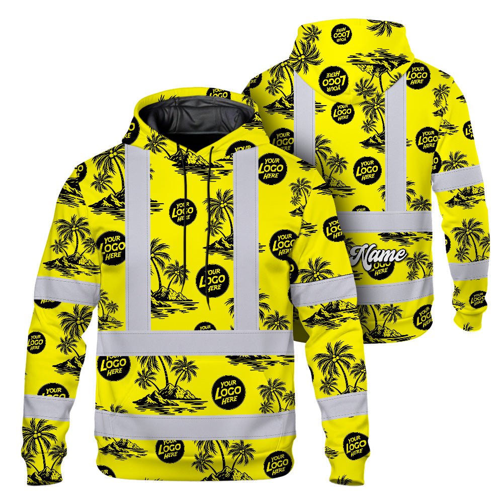 Hi Vis Hoodie Shirt Reflective Tapes Yellow Neon And Black Flowers Custom Name And Logo Safety Workwear For Truckers, Operators, Company