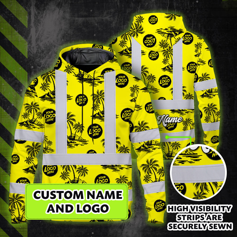 Hi Vis Hoodie Shirt Reflective Tapes Yellow Neon And Black Flowers Custom Name And Logo Safety Workwear For Truckers, Operators, Company