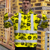 Hi Vis Hoodie Shirt Reflective Tapes Yellow Neon And Black Flowers Custom Name And Logo Safety Workwear For Truckers, Operators, Company