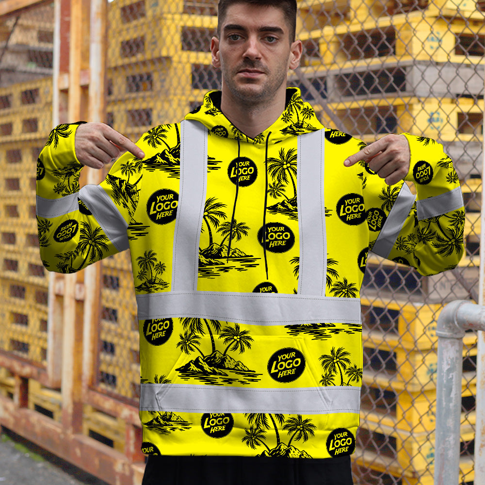 Hi Vis Hoodie Shirt Reflective Tapes Yellow Neon And Black Flowers Custom Name And Logo Safety Workwear For Truckers, Operators, Company