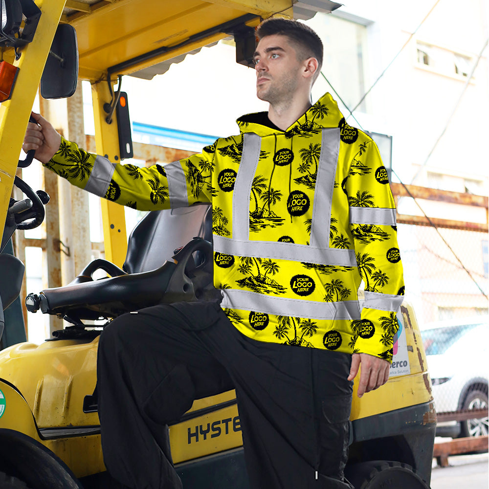 Hi Vis Hoodie Shirt Reflective Tapes Yellow Neon And Black Flowers Custom Name And Logo Safety Workwear For Truckers, Operators, Company