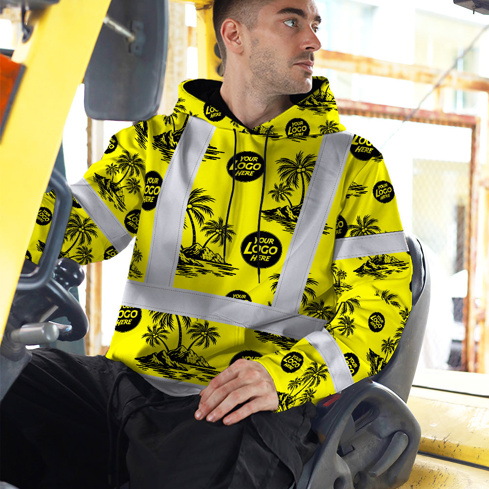 Hi Vis Hoodie Shirt Reflective Tapes Yellow Neon And Black Flowers Custom Name And Logo Safety Workwear For Truckers, Operators, Company