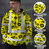 Hi Vis Hoodie Shirt Reflective Tapes Yellow Neon And Black Flowers Custom Name And Logo Safety Workwear For Truckers, Operators, Company