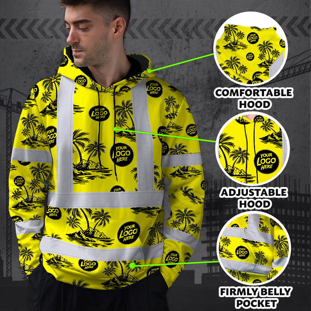 Hi Vis Hoodie Shirt Reflective Tapes Yellow Neon And Black Flowers Custom Name And Logo Safety Workwear For Truckers, Operators, Company