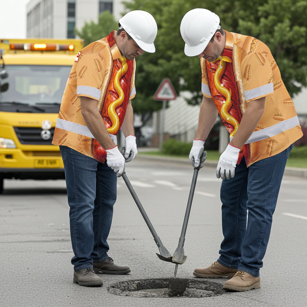 Hi Vis Hawaiian Shirt Reflective Tapes Funny Sausage Custom Name Safety Workwear For Workers, Truckers, Operators