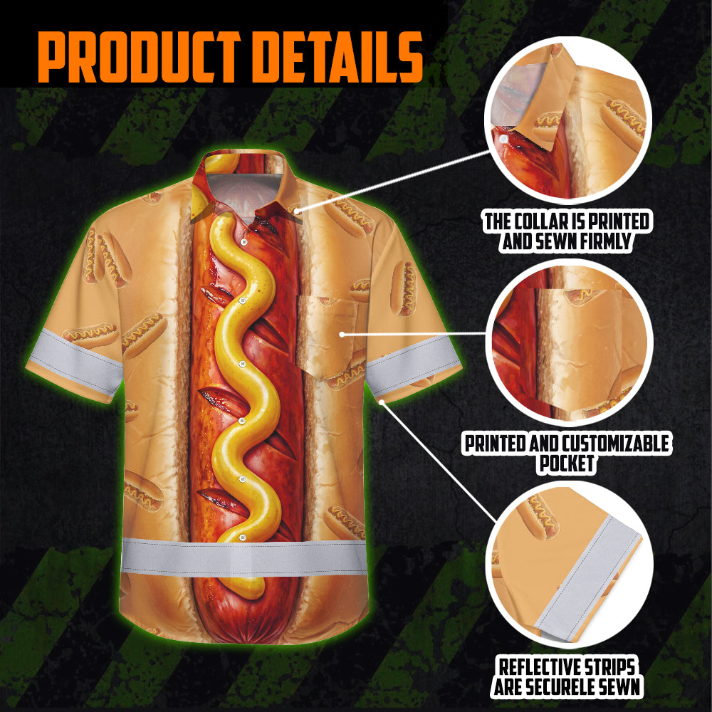 Hi Vis Hawaiian Shirt Reflective Tapes Funny Sausage Custom Name Safety Workwear For Workers, Truckers, Operators
