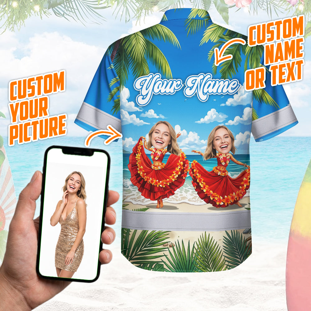 Hi Vis Hawaiian Shirt Reflective Tapes Funny Dancing Girl Custom Name And Image Safety Workwear For Workers, Truckers, Operators