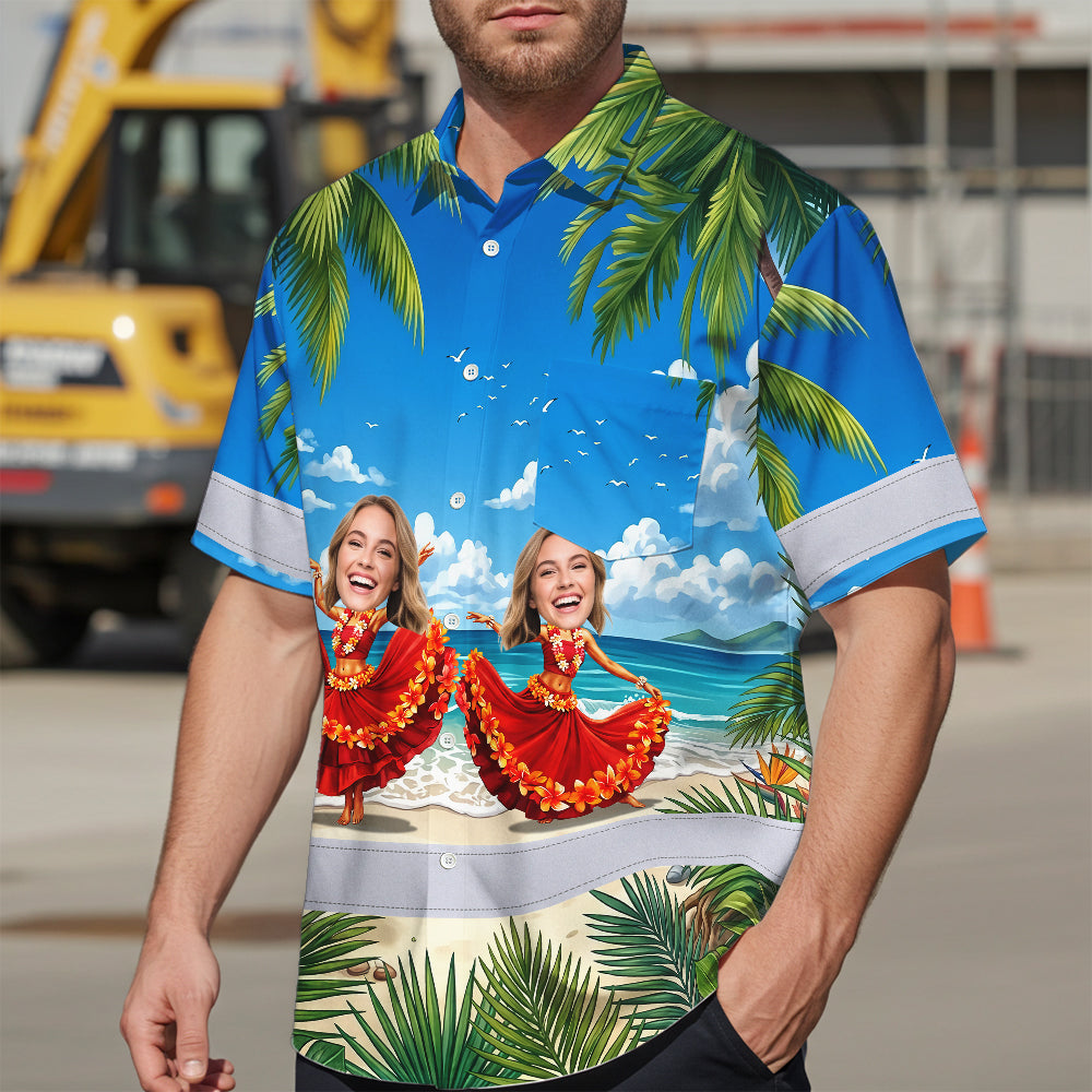 Hi Vis Hawaiian Shirt Reflective Tapes Funny Dancing Girl Custom Name And Image Safety Workwear For Workers, Truckers, Operators