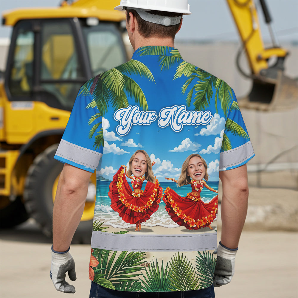 Hi Vis Hawaiian Shirt Reflective Tapes Funny Dancing Girl Custom Name And Image Safety Workwear For Workers, Truckers, Operators