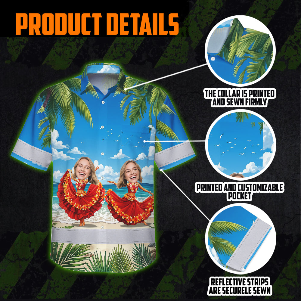Hi Vis Hawaiian Shirt Reflective Tapes Funny Dancing Girl Custom Name And Image Safety Workwear For Workers, Truckers, Operators