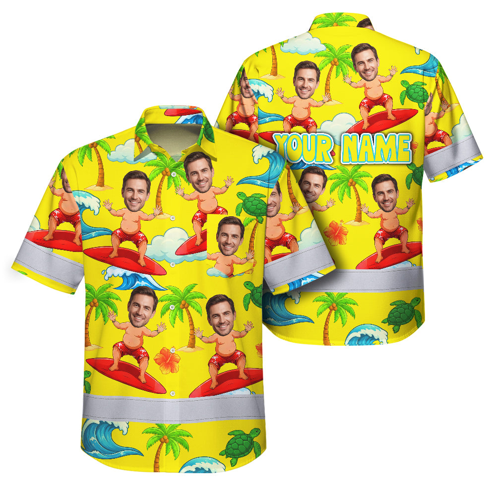 Hi Vis Hawaiian Shirt Reflective Tapes Funny Yellow Surfing Custom Name And Image Safety Workwear For Workers, Truckers, Operators