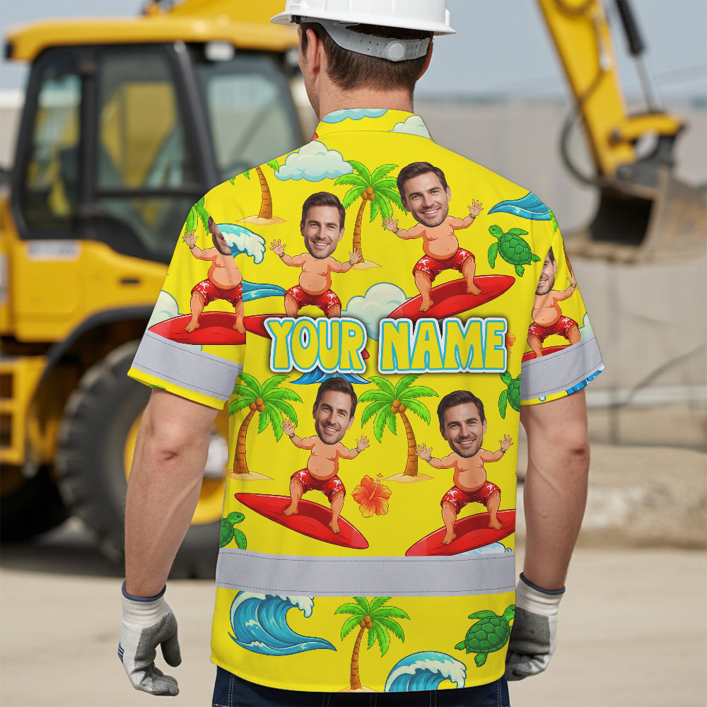 Hi Vis Hawaiian Shirt Reflective Tapes Funny Yellow Surfing Custom Name And Image Safety Workwear For Workers, Truckers, Operators