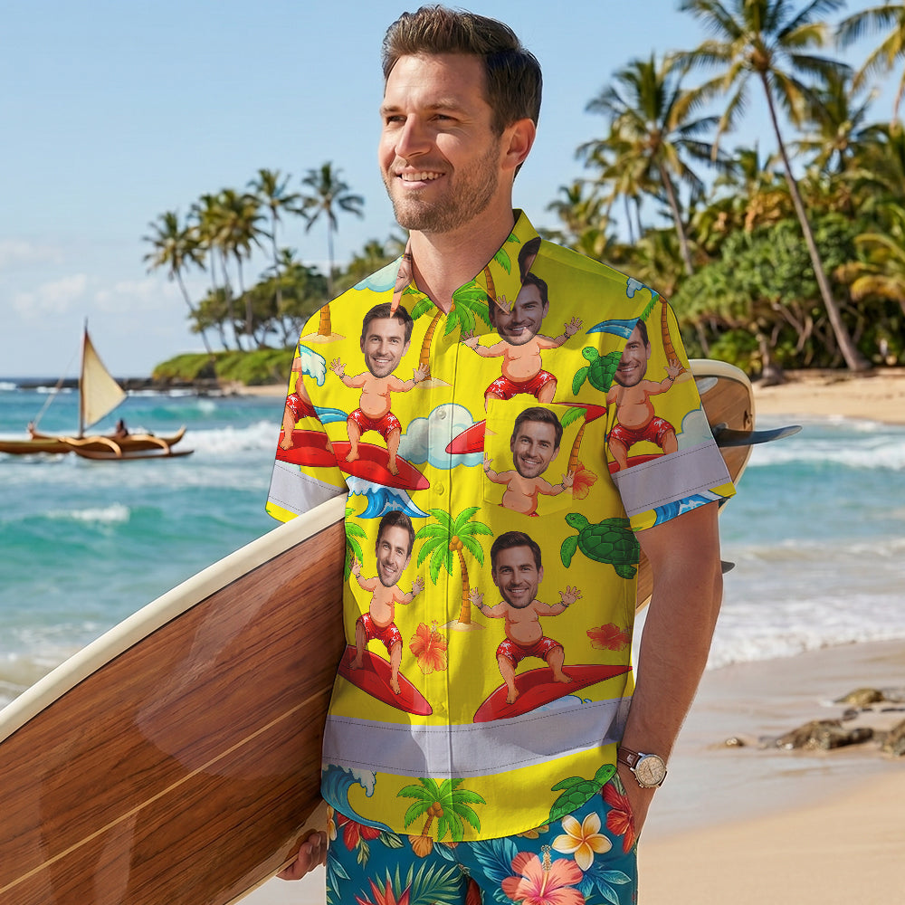 Hi Vis Hawaiian Shirt Reflective Tapes Funny Yellow Surfing Custom Name And Image Safety Workwear For Workers, Truckers, Operators