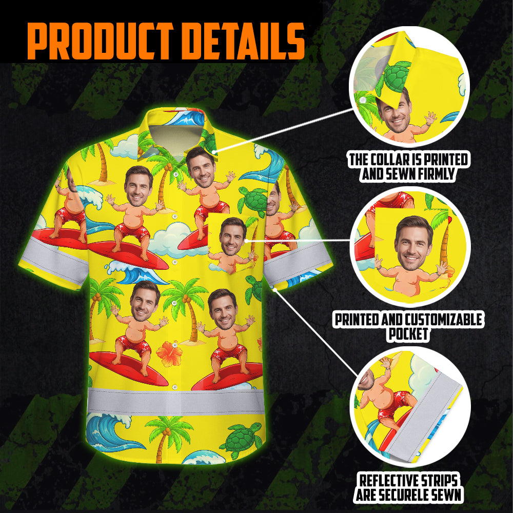 Hi Vis Hawaiian Shirt Reflective Tapes Funny Yellow Surfing Custom Name And Image Safety Workwear For Workers, Truckers, Operators