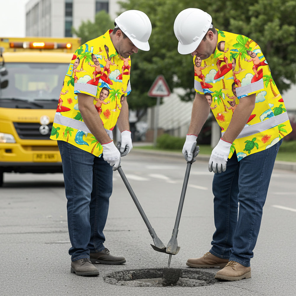 Hi Vis Hawaiian Shirt Reflective Tapes Funny Yellow Surfing Custom Name And Image Safety Workwear For Workers, Truckers, Operators