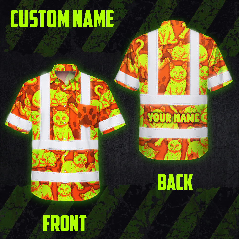 Hi Vis Hawaiian Shirt Reflective Tapes Lime Orange Cat Custom Name Safety Workwear For Workers, Truckers, Operators
