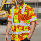 Hi Vis Hawaiian Shirt Reflective Tapes Lime Orange Cat Custom Name Safety Workwear For Workers, Truckers, Operators