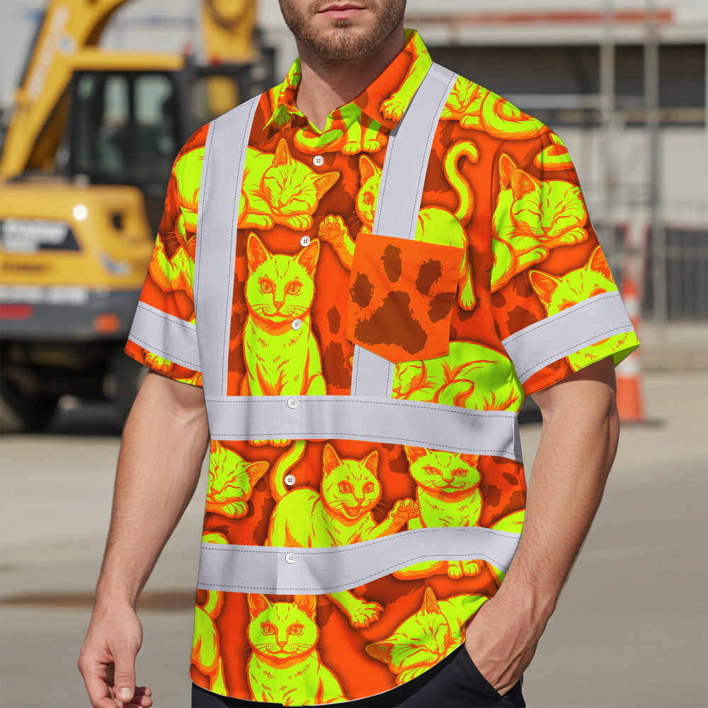 Hi Vis Hawaiian Shirt Reflective Tapes Lime Orange Cat Custom Name Safety Workwear For Workers, Truckers, Operators
