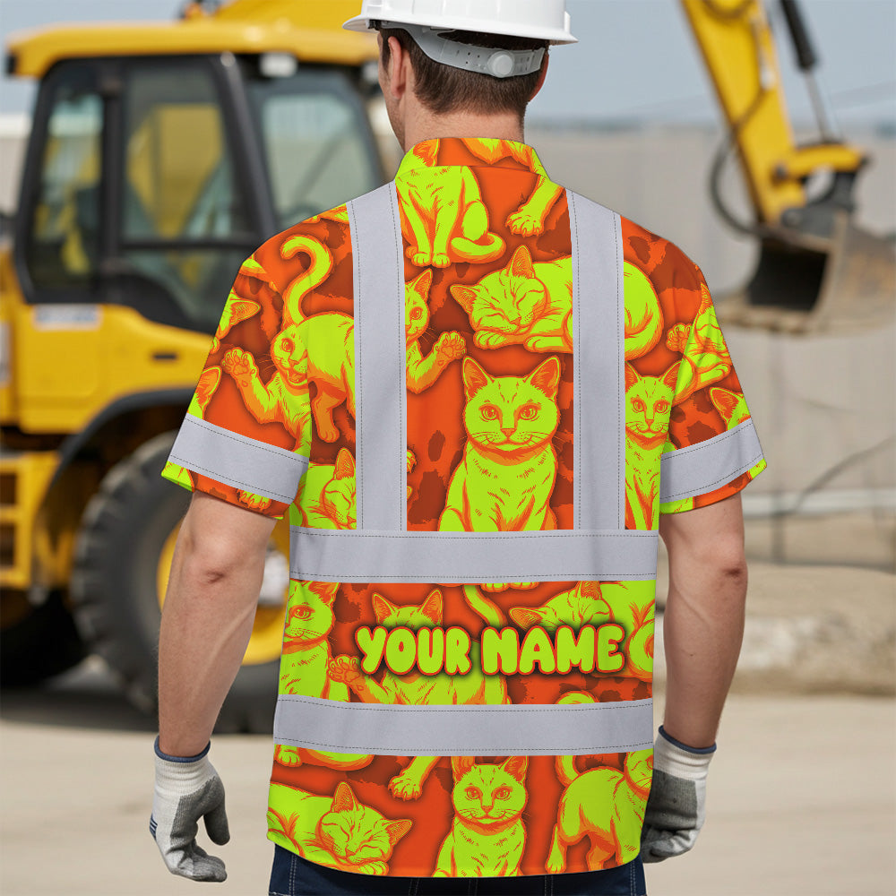 Hi Vis Hawaiian Shirt Reflective Tapes Lime Orange Cat Custom Name Safety Workwear For Workers, Truckers, Operators