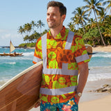 Hi Vis Hawaiian Shirt Reflective Tapes Lime Orange Cat Custom Name Safety Workwear For Workers, Truckers, Operators