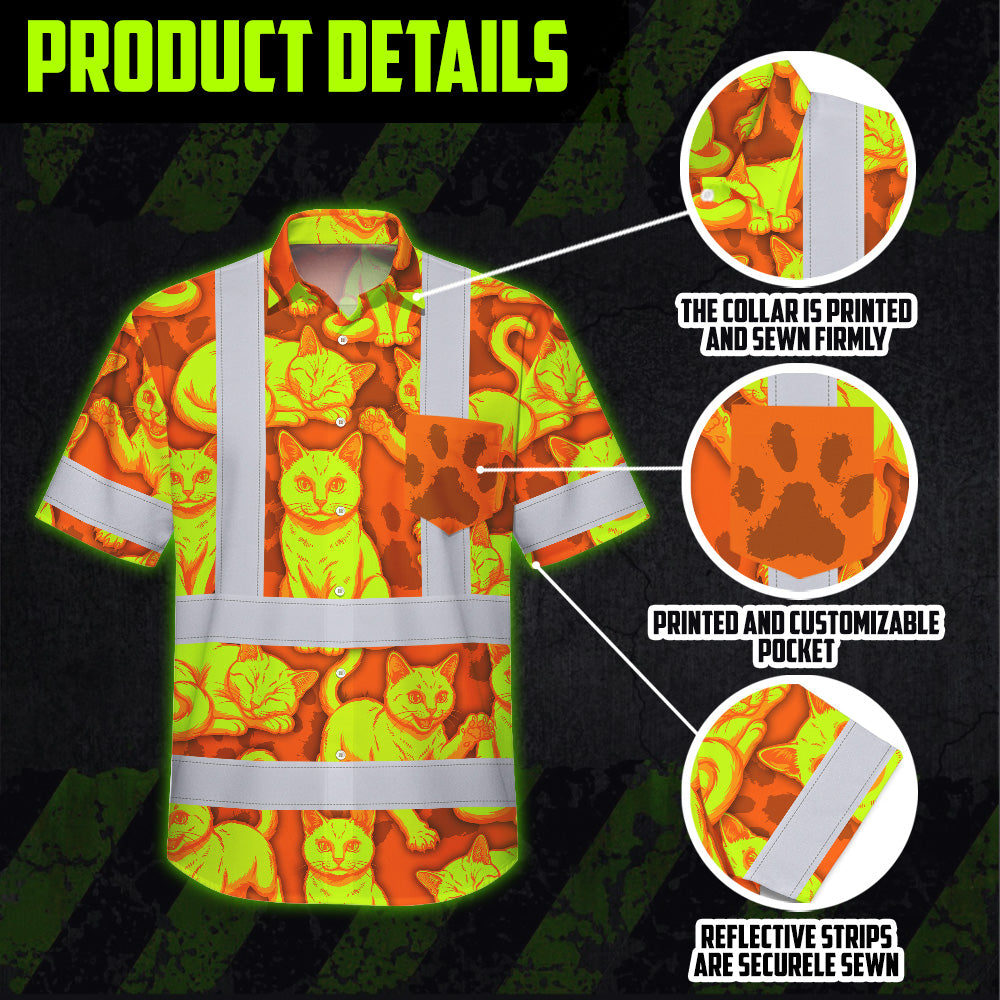 Hi Vis Hawaiian Shirt Reflective Tapes Lime Orange Cat Custom Name Safety Workwear For Workers, Truckers, Operators