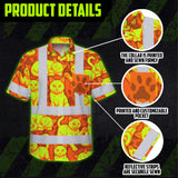 Hi Vis Hawaiian Shirt Reflective Tapes Lime Orange Cat Custom Name Safety Workwear For Workers, Truckers, Operators