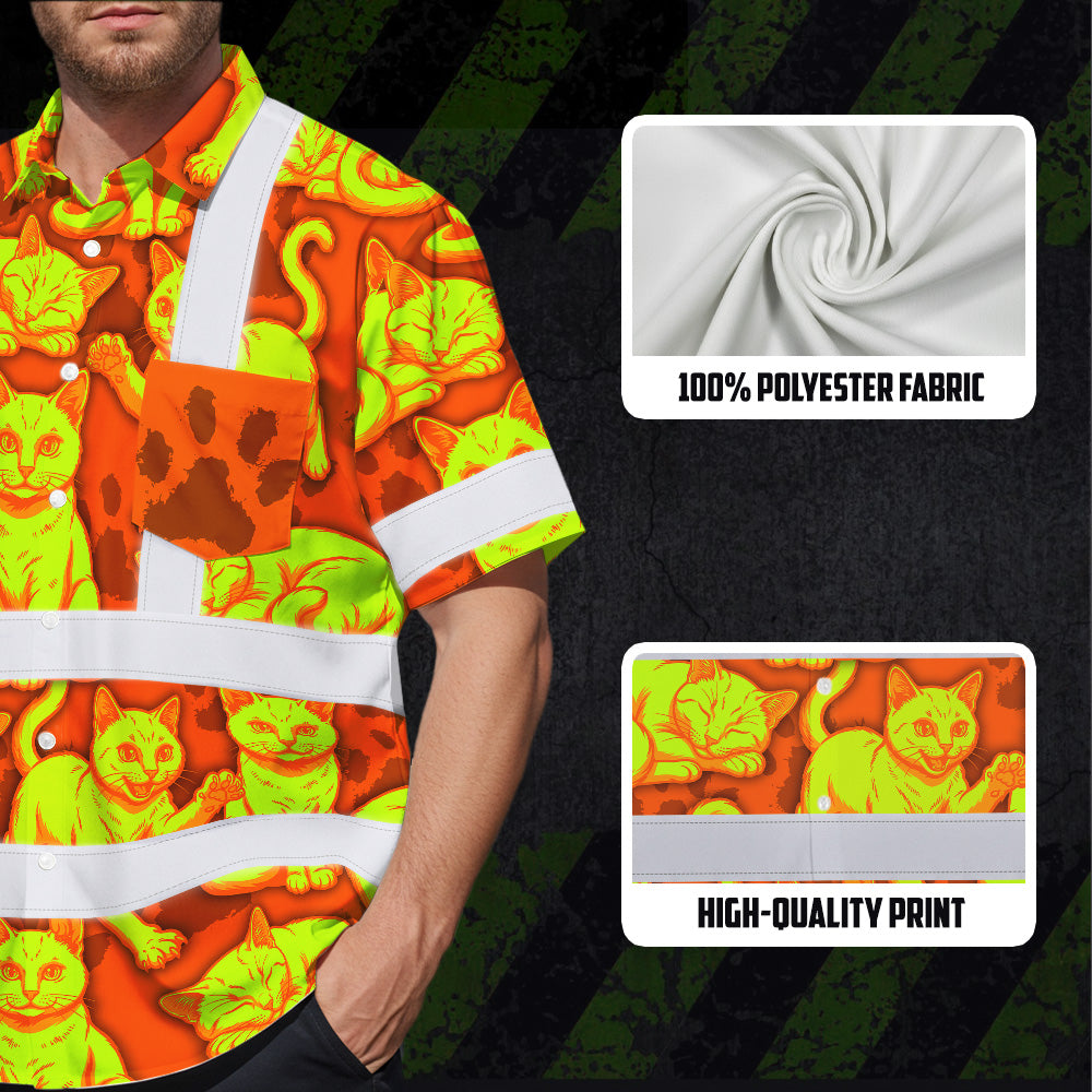 Hi Vis Hawaiian Shirt Reflective Tapes Lime Orange Cat Custom Name Safety Workwear For Workers, Truckers, Operators
