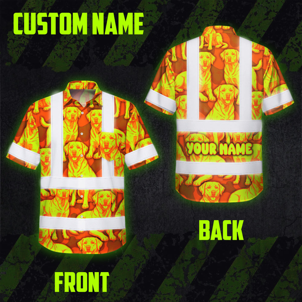 Hi Vis Hawaiian Shirt Reflective Tapes Lime Orange Dog Custom Name Safety Workwear For Workers, Truckers, Operators