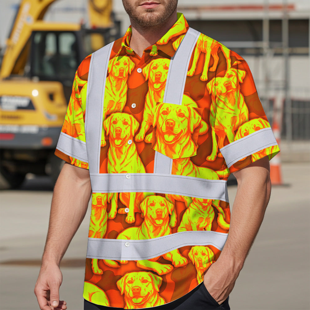 Hi Vis Hawaiian Shirt Reflective Tapes Lime Orange Dog Custom Name Safety Workwear For Workers, Truckers, Operators