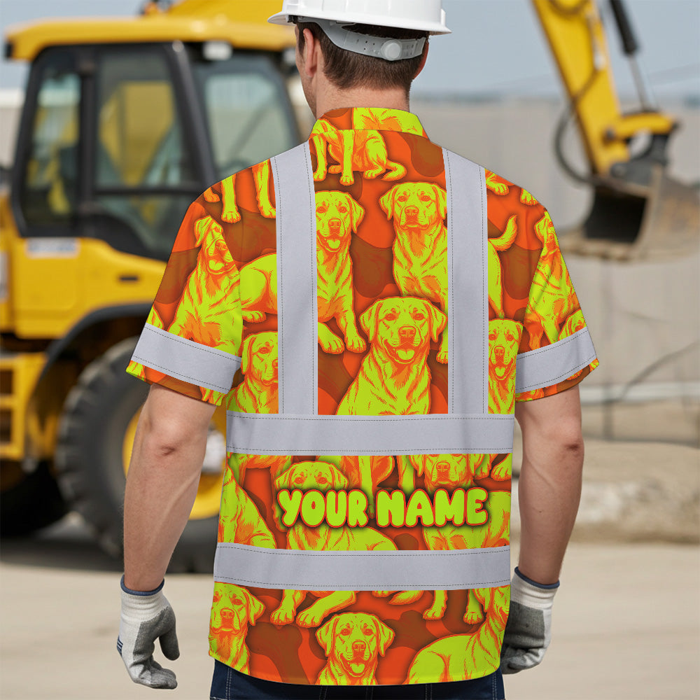 Hi Vis Hawaiian Shirt Reflective Tapes Lime Orange Dog Custom Name Safety Workwear For Workers, Truckers, Operators