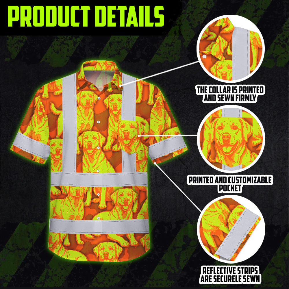 Hi Vis Hawaiian Shirt Reflective Tapes Lime Orange Dog Custom Name Safety Workwear For Workers, Truckers, Operators