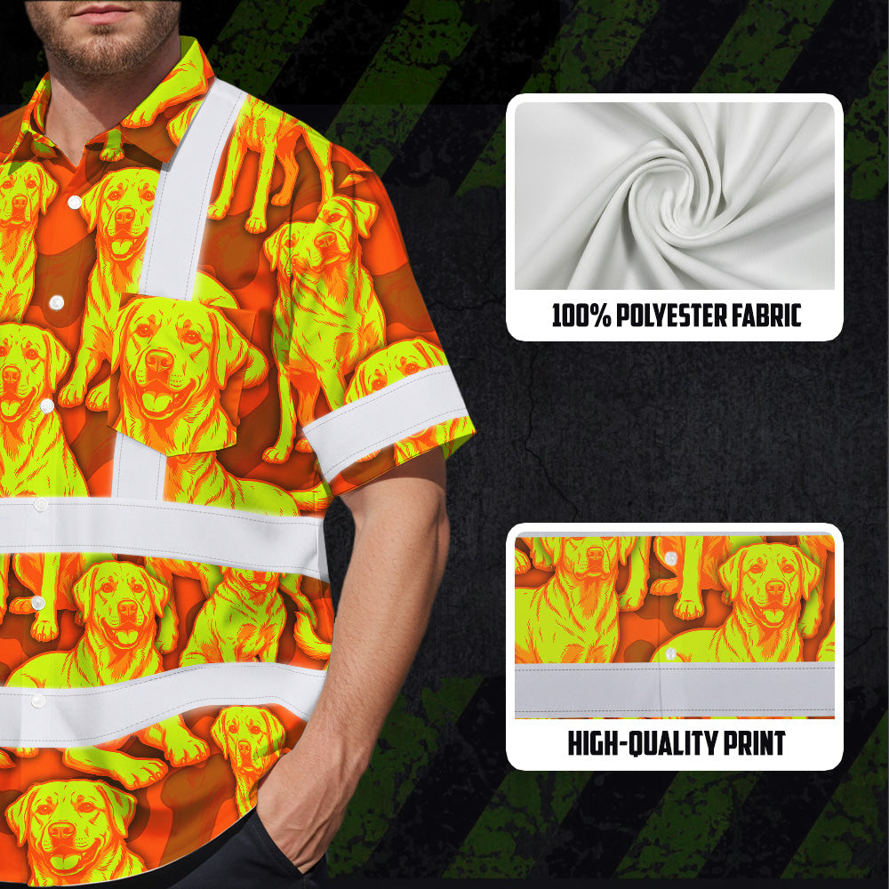 Hi Vis Hawaiian Shirt Reflective Tapes Lime Orange Dog Custom Name Safety Workwear For Workers, Truckers, Operators