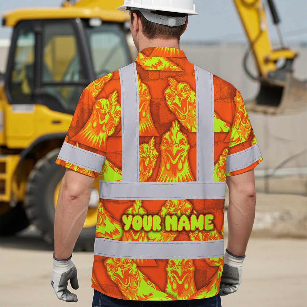 Hi Vis Hawaiian Shirt Reflective Tapes Lime Orange Chicken Custom Name Safety Workwear For Workers, Truckers, Operators, Farmers