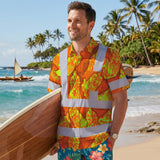 Hi Vis Hawaiian Shirt Reflective Tapes Lime Orange Chicken Custom Name Safety Workwear For Workers, Truckers, Operators, Farmers