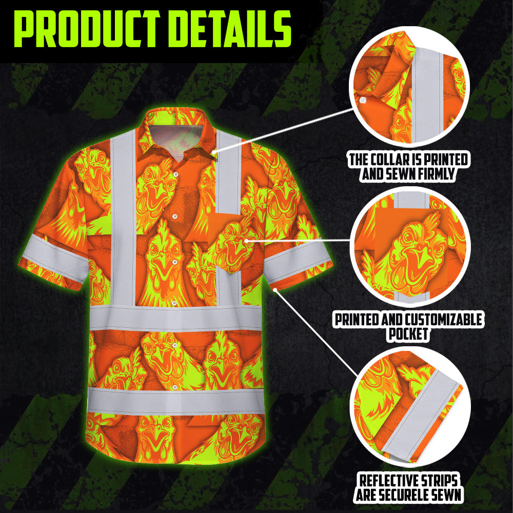 Hi Vis Hawaiian Shirt Reflective Tapes Lime Orange Chicken Custom Name Safety Workwear For Workers, Truckers, Operators, Farmers