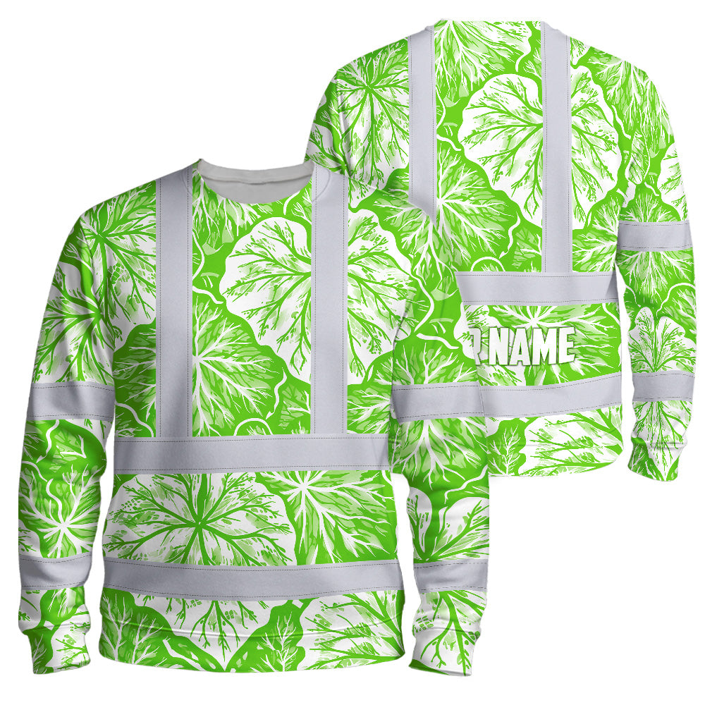 Hi Vis Long Sleeve Shirt Reflective Tapes Green Neon White Flowers Custom Name Safety Workwear For Workers, Truckers