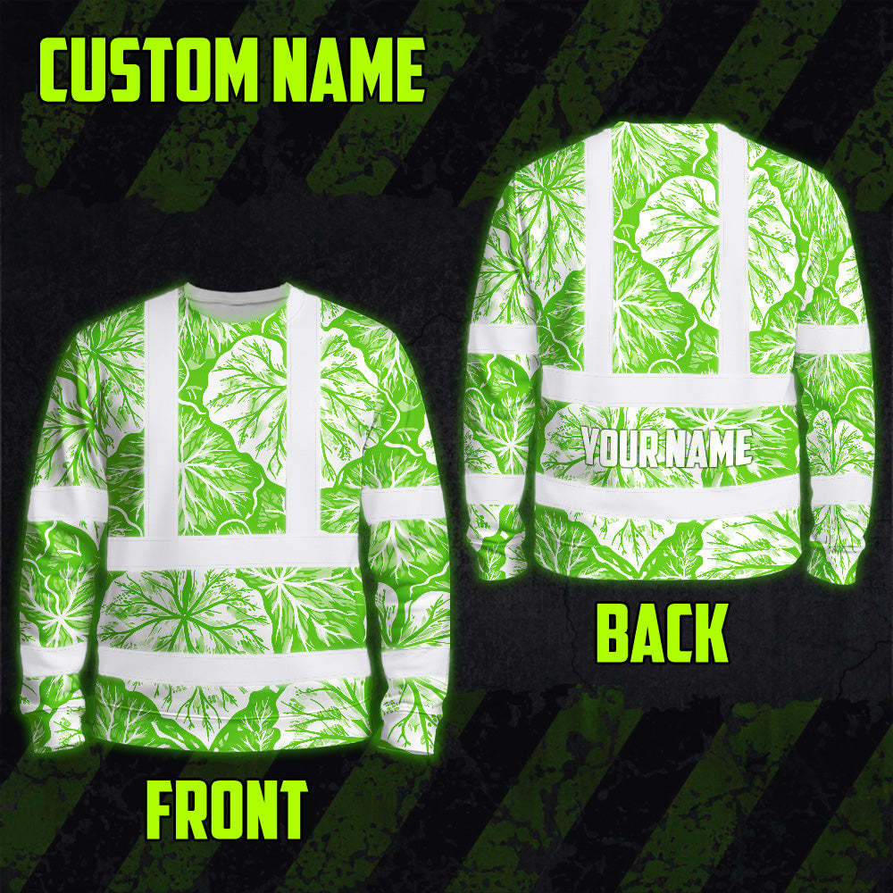 Hi Vis Long Sleeve Shirt Reflective Tapes Green Neon White Flowers Custom Name Safety Workwear For Workers, Truckers