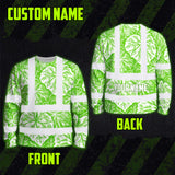 Hi Vis Long Sleeve Shirt Reflective Tapes Green Neon White Flowers Custom Name Safety Workwear For Workers, Truckers