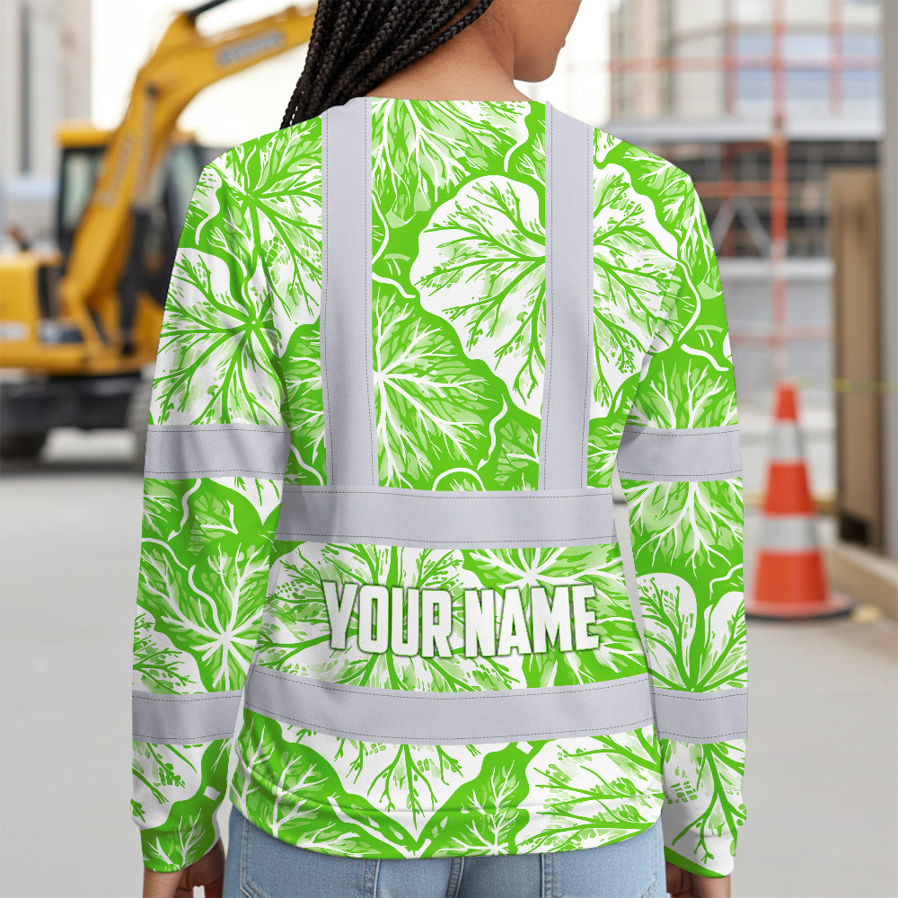 Hi Vis Long Sleeve Shirt Reflective Tapes Green Neon White Flowers Custom Name Safety Workwear For Workers, Truckers