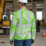 Hi Vis Long Sleeve Shirt Reflective Tapes Green Neon White Flowers Custom Name Safety Workwear For Workers, Truckers