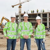 Hi Vis Long Sleeve Shirt Reflective Tapes Green Neon White Flowers Custom Name Safety Workwear For Workers, Truckers
