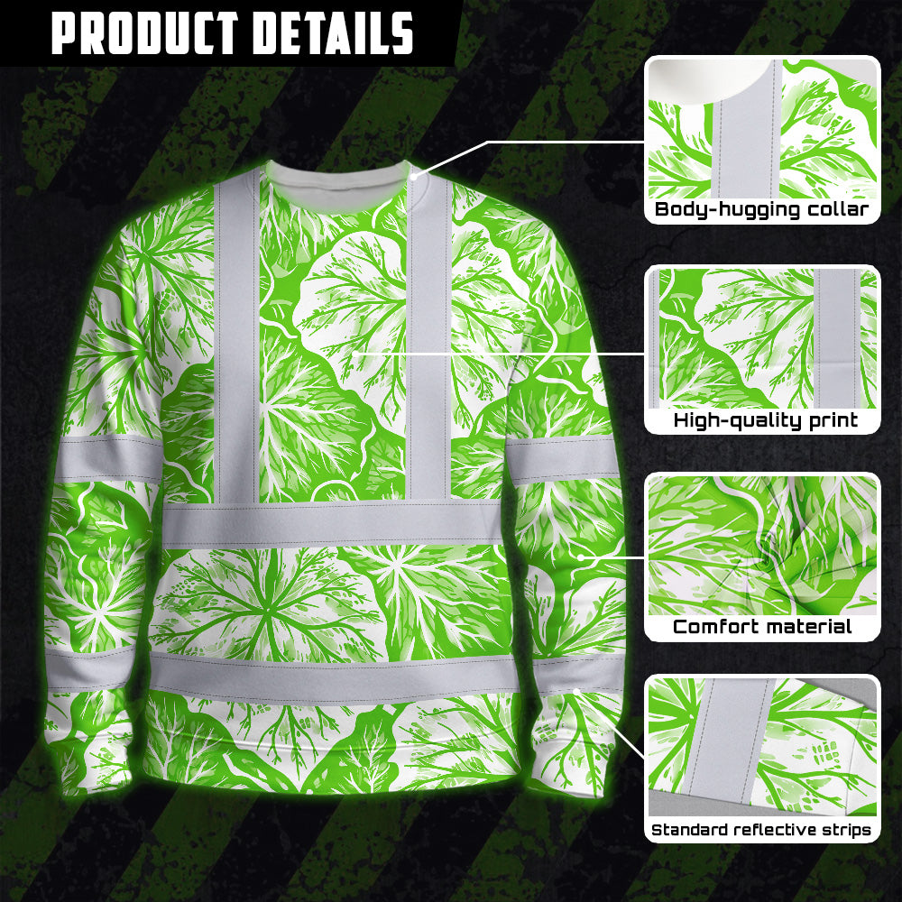 Hi Vis Long Sleeve Shirt Reflective Tapes Green Neon White Flowers Custom Name Safety Workwear For Workers, Truckers