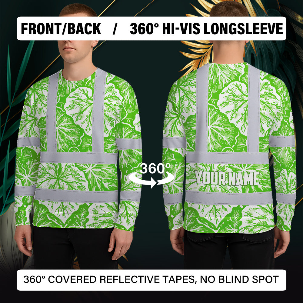 Hi Vis Long Sleeve Shirt Reflective Tapes Green Neon White Flowers Custom Name Safety Workwear For Workers, Truckers