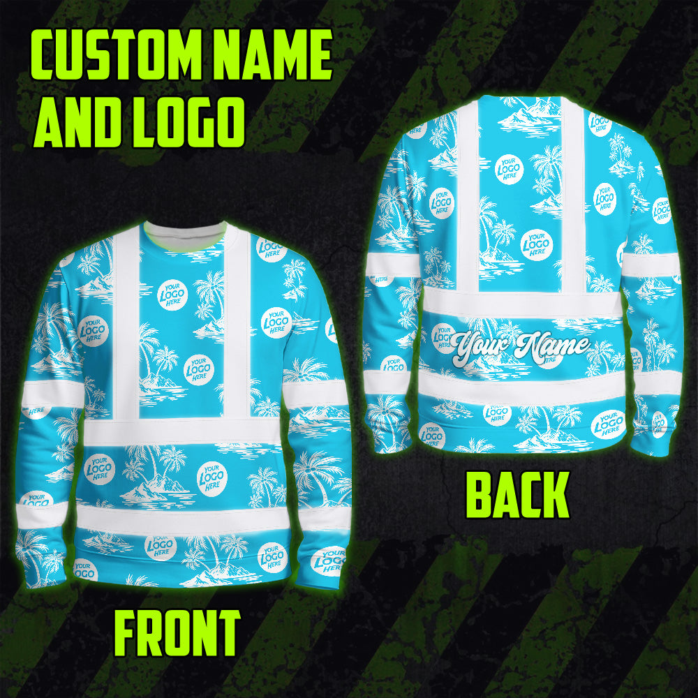 Hi Vis Long Sleeve Shirt Reflective Tapes Blue Neon And White Flowers Custom Name And Logo Safety Workwear For Company